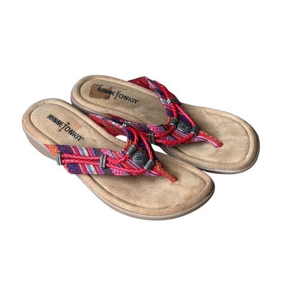 Minnetonka Silverthorne 360 Red Striped Womens Thong Sandals Size 6 Southwestern - Picture 7 of 10